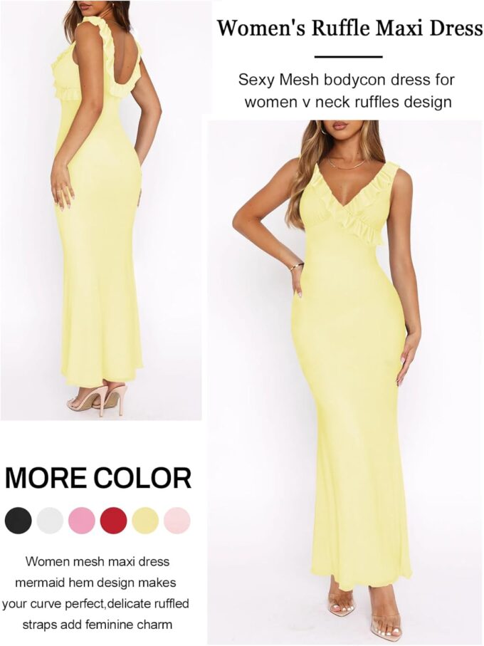 Women Sexy Sleeveless V-Neck Ruffle Backless Summer Dresses Long Formal Dress for Women Cocktail Party Prom Dress – Bild 2