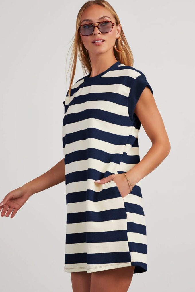 AlvaQ Womens Striped Summer Dresses 2025 Crewneck Cap Sleeve Color Block Casual A Line Tshirt Dress with Pockets – Bild 5
