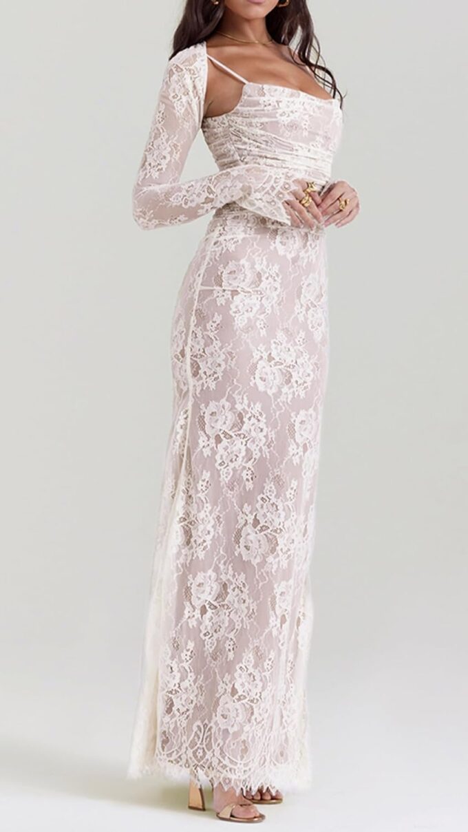 Women Vintage Cream Lace Maxi Dress Romantic Long Sleevees Lace Bodycon Dress – Bild 2