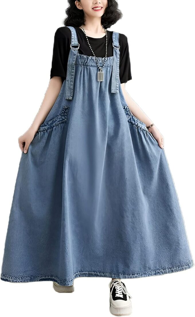 Denim Jumper Dress for Women Loose Version Baggy Style Maxi Length Adjustable Straps Wide Hemline
