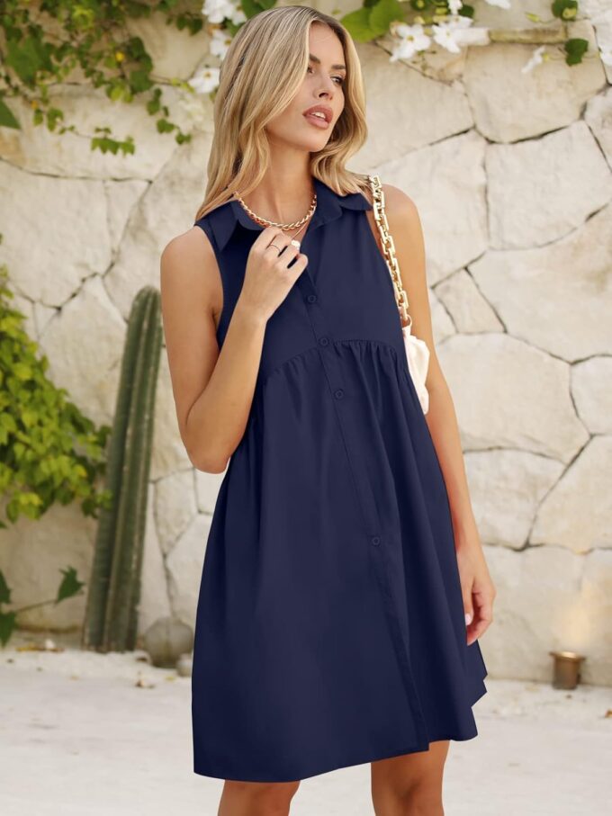 DEEP SELF Women Summer Collared Shirt Dress Casual Loose Button Down Short Dress V Neck Tunic Mini Dress with Pockets – Bild 6