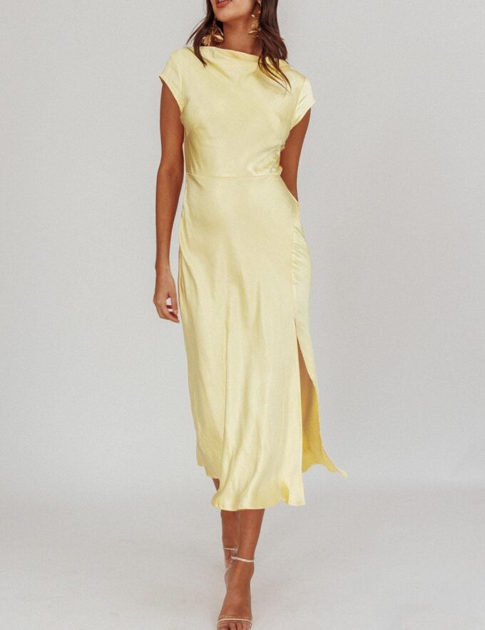 Women's Summer Satin Elegance Backless Twist Cap Sleeves Midi Dress 2025 Sexy Cowl Neck Slit Cocktail Wedding Guest Dresses – Bild 3