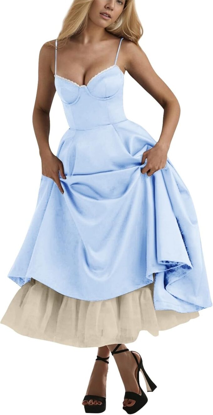 Abendkleider Elegant Korsett Kleid Rückenfrei Cocktailkleid Damen Lang Spaghettiträger Prinzessin Kleider Frauen Corset Ballkleid Taschen Abschlusskleid Schwingen Tüll Doppellagig Maxikleider
