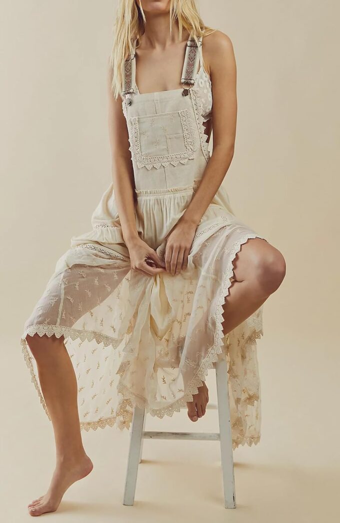 Women's Casual Lace Embroidered Maxi Dress Adjustable Strap Pleated Tiered Swing Long Dress with Pockets – Bild 5