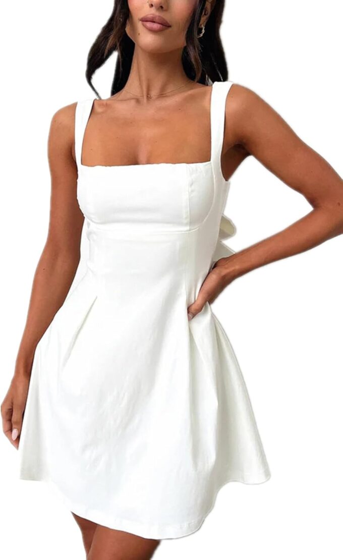 Womens Mini Party Dress Sleeveless Backless Bow Tie Square Neck Short Dress