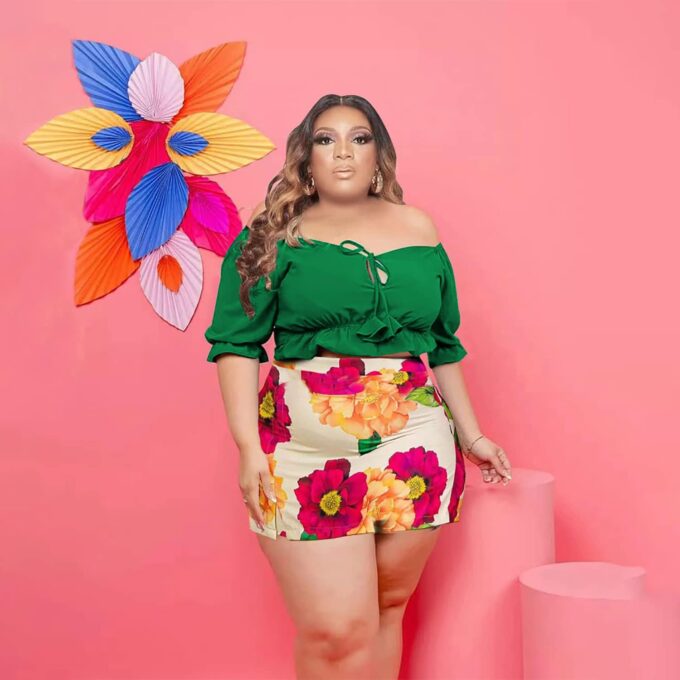 Women Plus Size Skirt Two Piece Outfit Short Sleeve Off The Shoulder Crop Top Shorts Dress Suit Set – Bild 3