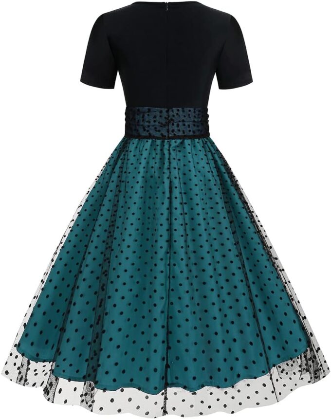Odizli Rockabilly Kleider Damen 50er Jahre Kurzarm Mesh Polka Dot Tüllkleid Sommer Swing Coctailkleid – Bild 3