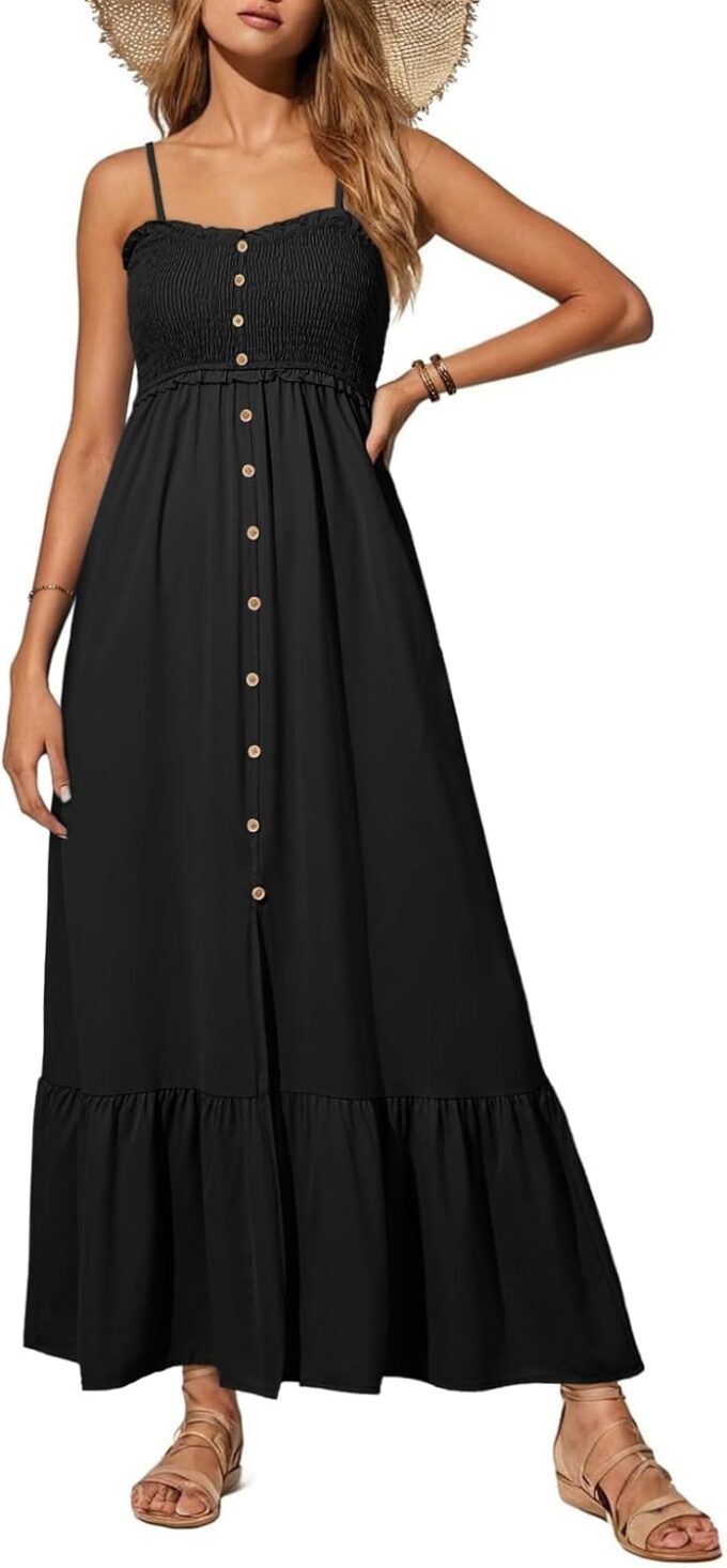 Dokotoo Womens Summer Dresses 2025 Sleeveless Spaghetti Strap Button Down Smocked Beach Vacation Long Maxi Dress with Pockets