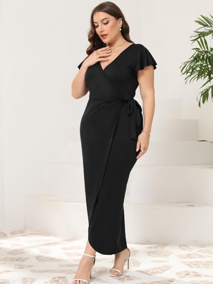 2025 Womens Deep Cross V Neck Ruffle Sleeve Tulip Hem Plus Size Work Cocktail Party Elegant Ruched Long Wrap Dress – Bild 3