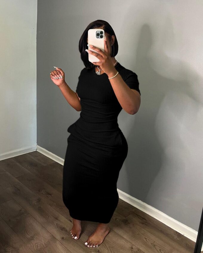 Women's Casual Short Sleeve Dress T Shirt Bodycon Dresses Ribbed V Neck Maxi Sundress Basic Party Club Dress with Pocket – Bild 2