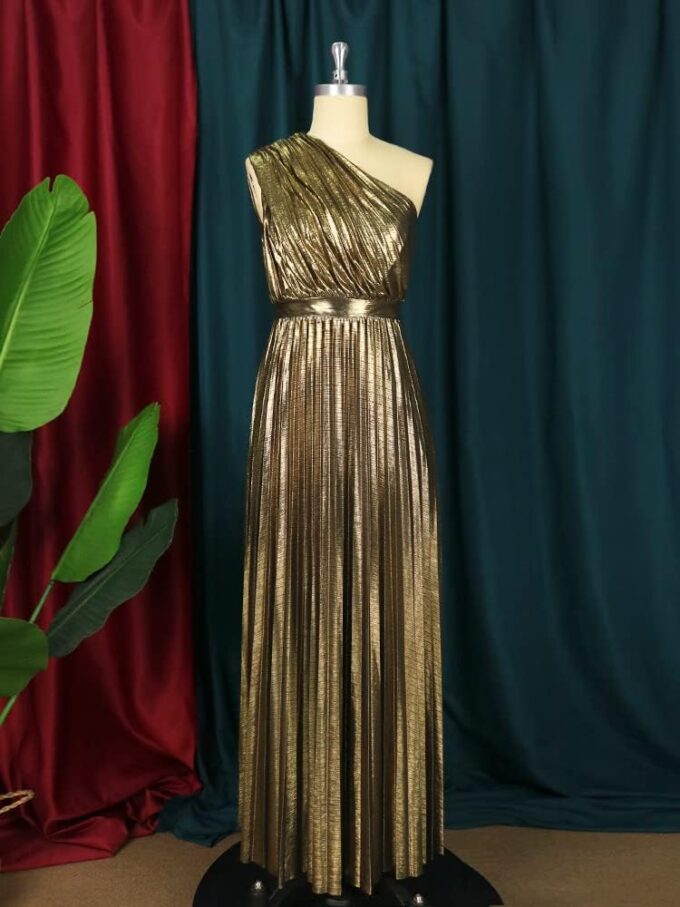 AOMEI Women's Luxury Metallic One Shoulder Sleeveless Elegant Pleated Long Dress – Bild 3