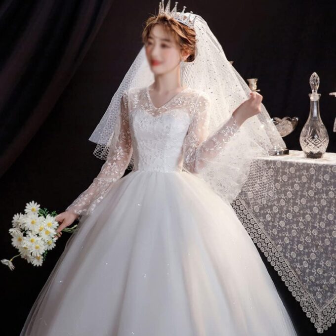 Damen A Linie Prinzessin Tüll Spitze Hochzeitskleider Lange Formale Brautkleider Langarm Spitzenstickerei V-Ausschnitt Vintage Lang Prinzessin Abendkleid – Bild 4