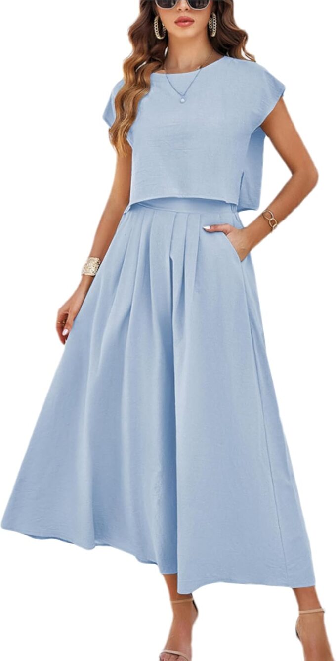 HangNiFang Summer Skirt Sets Women 2 Piece Outfits Cap Sleeve Top Elastic Waist Lightweight Maxi Dress Sets with Pockets
