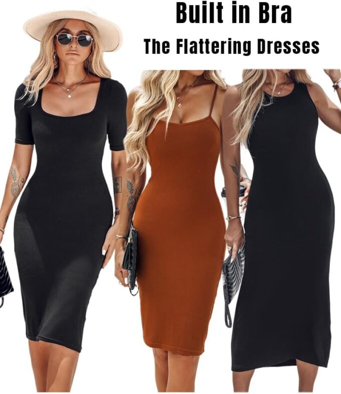 Built-in Removable Shapewear Bra Pad Bodycon Midi Dress Knitted Ribbed Square Neck Short Sleeve Basic Party Dresses – Bild 5