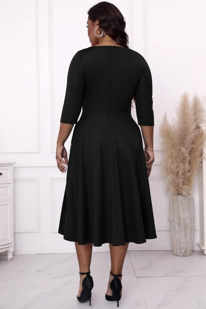 Runwind Plus Size Dresses Women Fit and Flare A-Line Swing Dress 3/4 Sleeve Midi Church Wedding Guest Cocktail Party Dresses – Bild 5