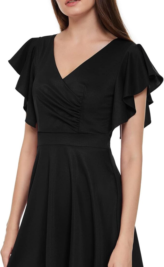 Women's Cocktail Dress Wrap V Neck Ruffle Short Sleeve A Line Work Formal Wedding Guest Midi Dress with Pockets – Bild 4