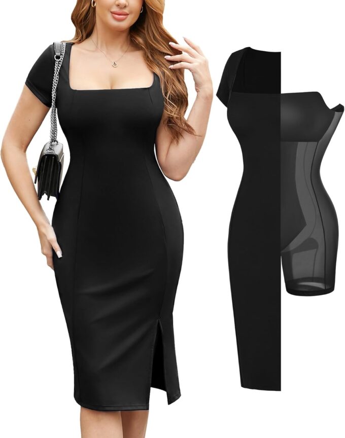 Popilush Summer Cocktail Midi Dresses for Women Shapewear Bodycon Short Sleeve Square Neck Dress