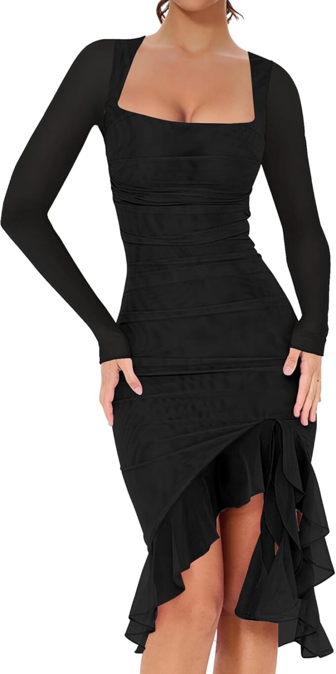 BORIFLORS Women's Sexy Ruched Bodycon Midi Dresses Elegant Mesh Long Sleeve Square Neck Ruffle Hem Cocktail Party Dress – Bild 3