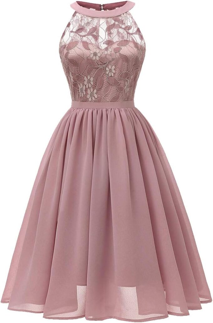 Abendkleider Elegant für Hochzeit Damen Neckholder Swing Spitzen Chiffon Cocktailkleid