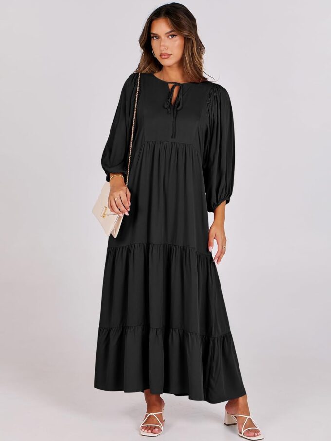 ANRABESS Womens Boho Maxi Dresses 2025 Summer V Neck Puff Sleeve Floral Flowy Swing Casual Long Dress – Bild 6