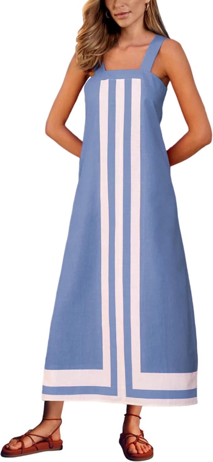 Ailoqing 2025 Women Bohemian Floral Dress Summer Casual Color Block Maxi Beach Overall Dress Coverups