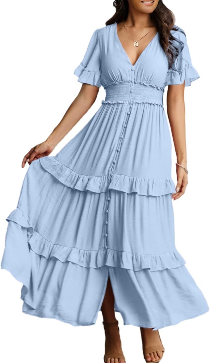 Amegoya Women's V Neck Long Sleeve Boho Maxi Dress Summer Wedding Guest Long Flowy Engagement Dresses