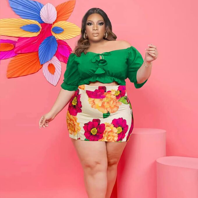 Women Plus Size Skirt Two Piece Outfit Short Sleeve Off The Shoulder Crop Top Shorts Dress Suit Set – Bild 4