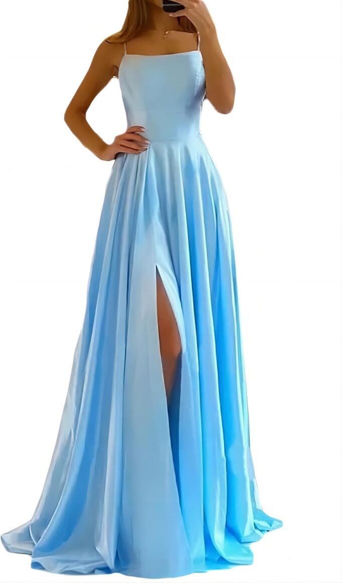 xxxiticat Damen Elegant Lange Ballkleider Satin A-Linie Hochzeitskleid Abendkleider Sexy Neckholder Spaghetti Brautkleid Kleider Lang Prinzessin Brautjungfer Kleid