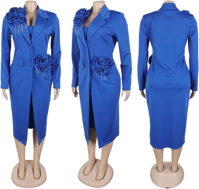 Molisry Damen 2 Stück Blazer Kleid Set Formal Strass 3D Blume Bodycon Midi Kleid mit Mantel Business Anzug Set – Bild 5