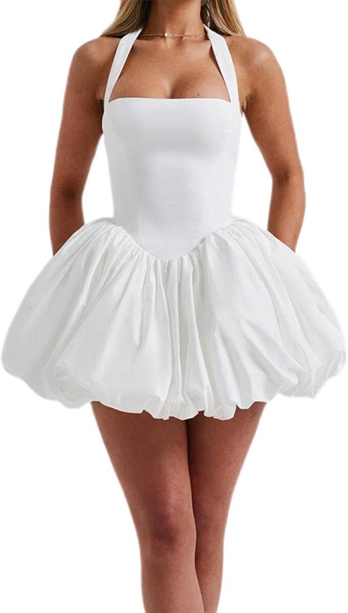 Women Sleeveless Halter Dress Casual Tie up Backless Corset Bubble Beach Party Dress