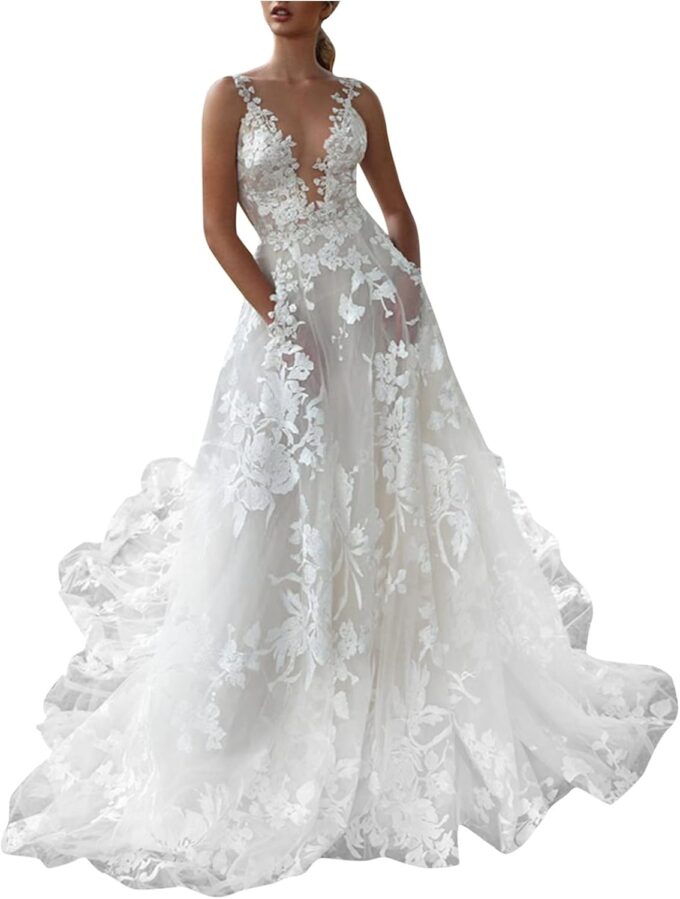 Brautkleid V-Ausschnitt Brautkleider Spitze Hochzeitskleider für Damen Brautkleid Standesamt Kleider Braut A-Linie Tüll Kleid Brautkleid Prinzessin Ballkleider Lang mit Schleppe