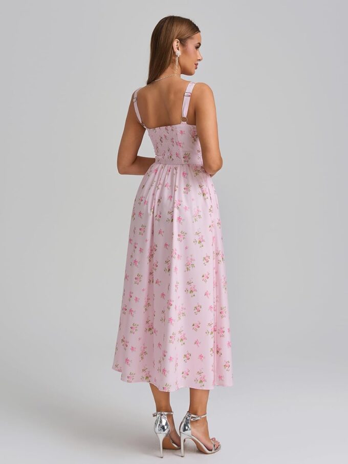 KUTUMAI Floral Corset Midi Dress Flowy Slit Summer Spring Wedding Guest Dresses for Women Sundress with Pockets – Bild 3