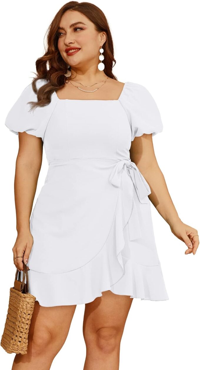 SAMPEEL Womens Summer Dresses Square Neck Puff Sleeve Tie Waist Short Dress – Bild 3