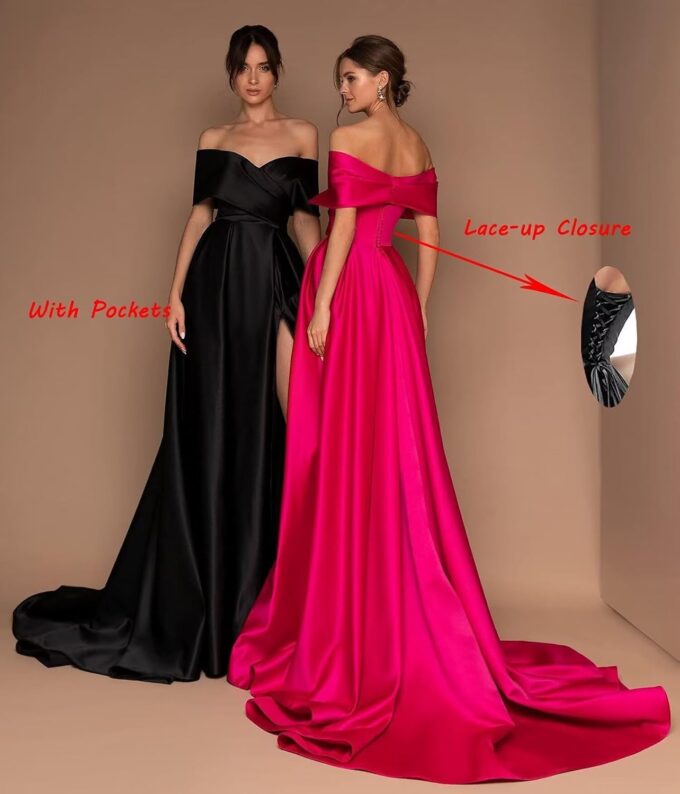 Damen Abschlusskleider Lang mit Taschen Off Shoulder Satin Ballkleider mit Korsett Schlitz A-Linie Formelle Party Abendkleid – Bild 2