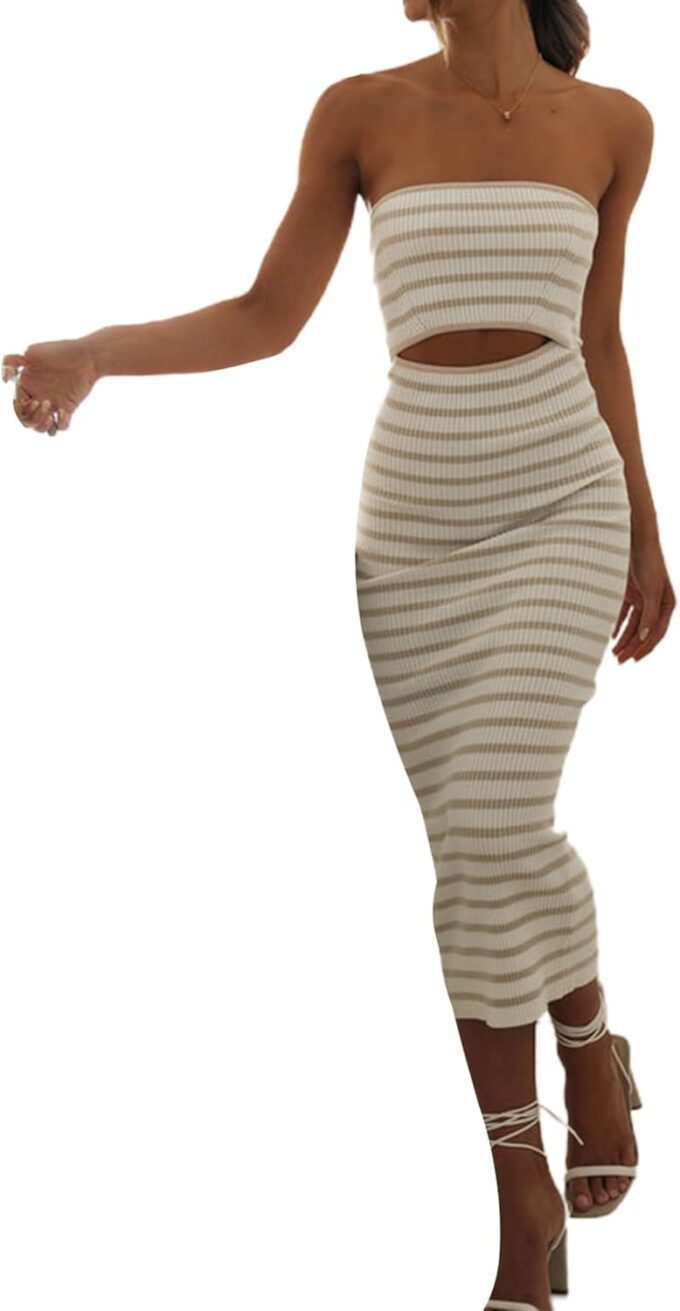 NUFIWI Women Summer Strapless Knitted Long Dress Off Shoulder Striped Cutout Midi Dress Bodycon Backless Beach Sun Dress – Bild 4