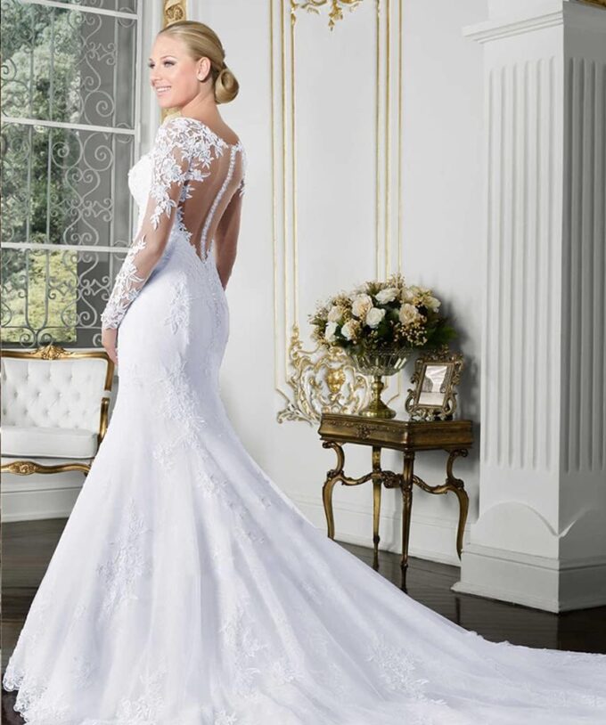 CongMing-huajia Brautkleid Große Frauen Langarm V-Ausschnitt Spitze Applique Kleid Weiß – Bild 4