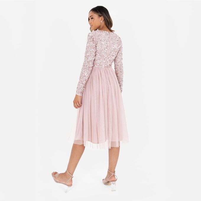 Maya Deluxe Damen Midi Elegant Hochzeit Ärmel Tiefer V Ausschnitt Pailletten Cocktailkleid Abschlussball Brautjungfernkleid Bridesmaid Dress – Bild 6