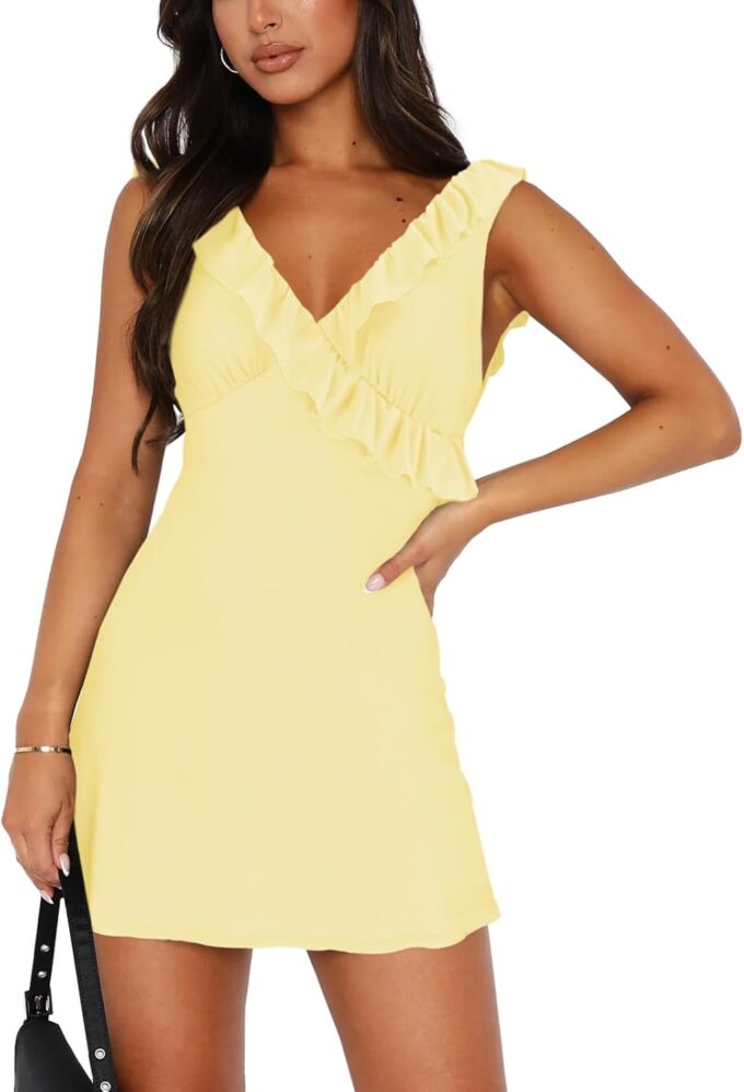 Women's Sexy V Neck Sleeveless Backless Ruffles Dress for Women Elegant Mesh Party Fitted Cocktail Mini Dresses