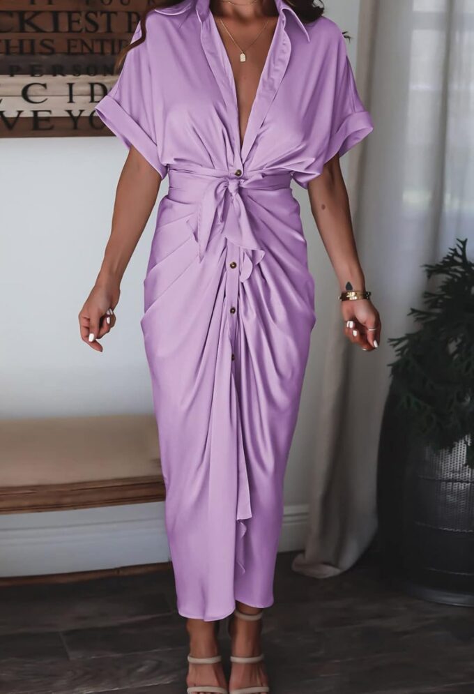Women Elegant Satin Button Down Short Sleeve Maxi Shirt Dress with Belt – Bild 4