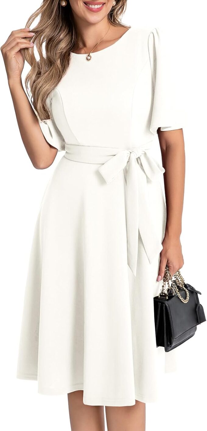 Bbonlinedress Cocktailkleid Damen Kurzarm midilang festlichs Kleid mit Gürtel Abendkleider elegant für Hochzeit Partykleider