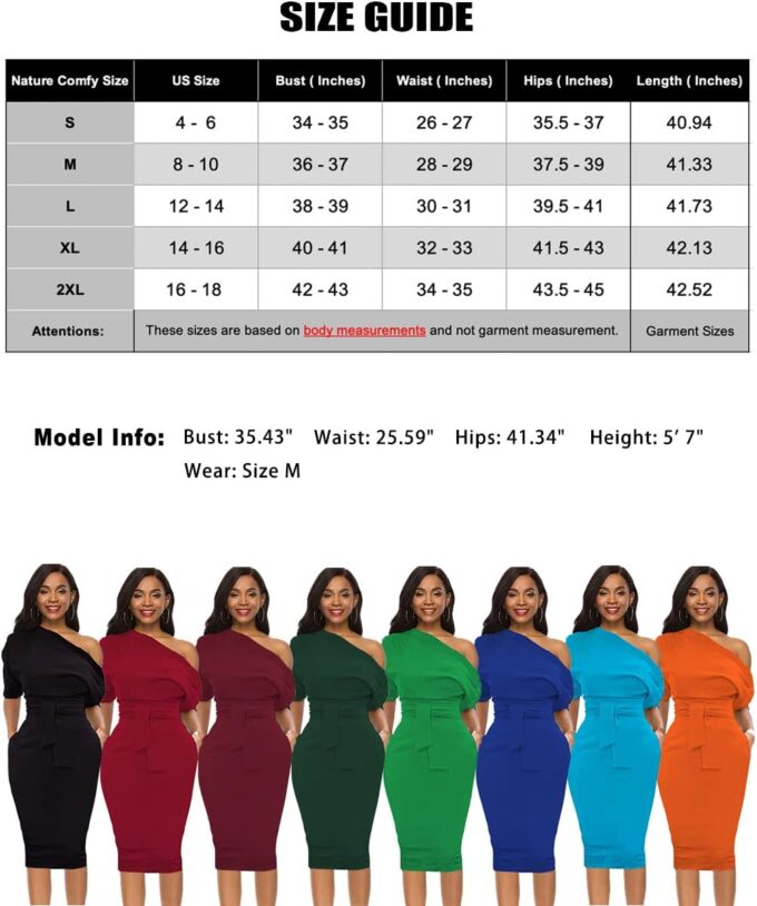 Nature Comfy Elegant Womens Wear to Work Casual one Shoulder Belted Pencil Dress with Pockets – Bild 3