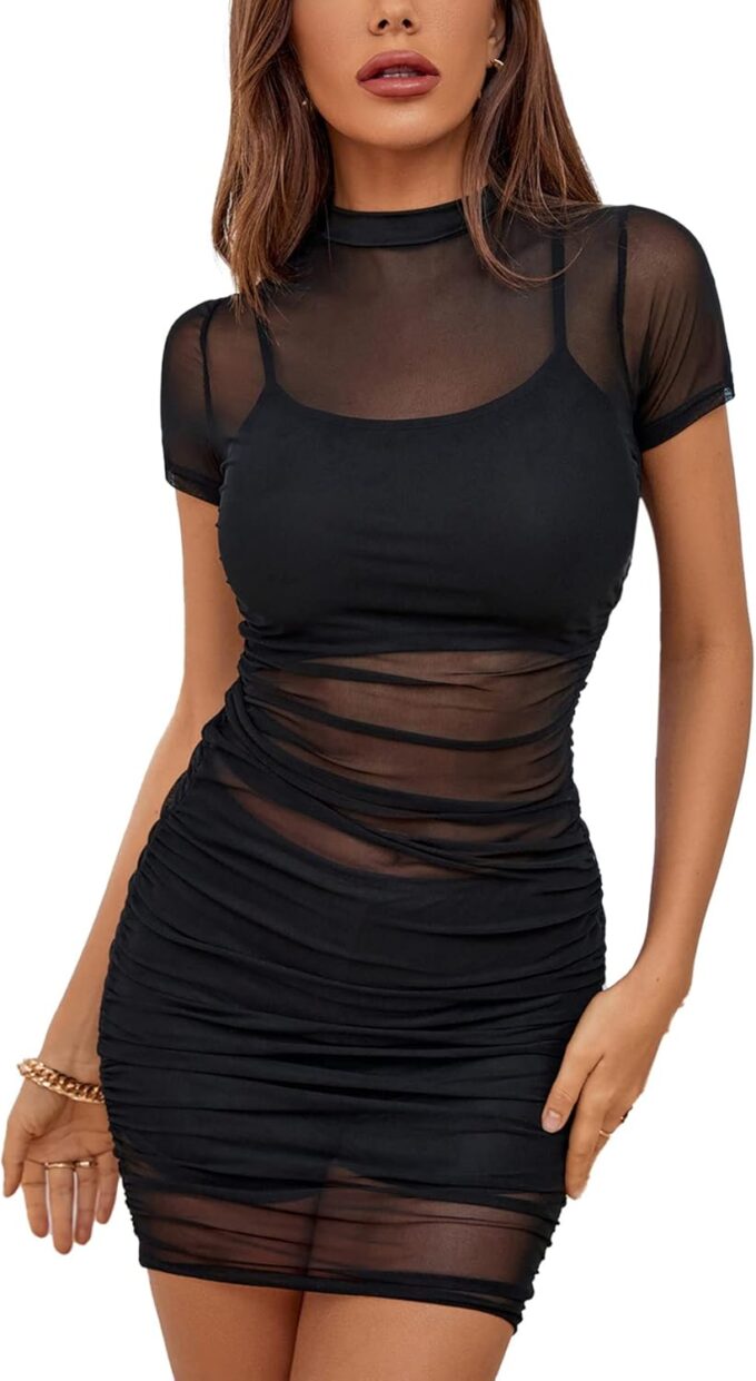 Rooscier Women's Mesh Dress Short Sleeve Bodycon 3 Piece Outfits with Cami Shorts – Bild 5