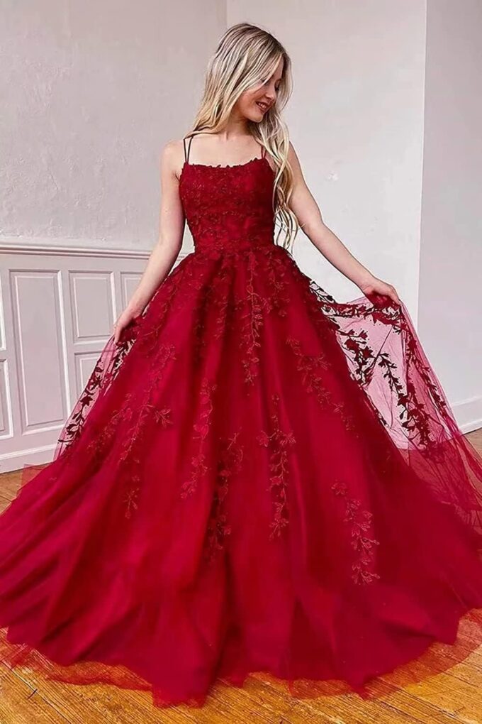 Ballkleid Damen Aus TüLl Mit SpaghettiträGern Lange Spitzenapplikationen Brautkleider - A Linie Formelle Party Abendkleider Ballkleider Lang Cocktailkleid Brautjungfernkleid – Bild 6