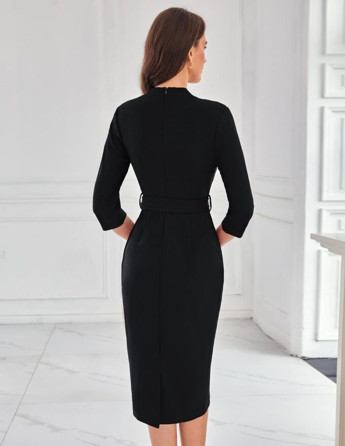 GRACE KARIN Womens Work Dresses V Neck 3/4 Sleeve Back Zipper Tie Waist Bodycon Dress Office Cocktail Dress with Pockets – Bild 5