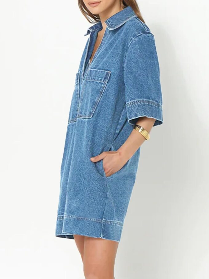 Fisoew Womens Denim Shirt Dress Summer Collared V Neck Mini Casual Jean Dresses with Pockets – Bild 2