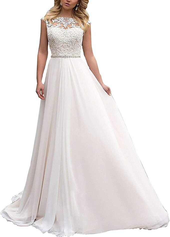 HUINI Damen Brautkleid Lang Chiffon Boho Standesamt Hochzeitskleid Spitzen Strand Brautmode