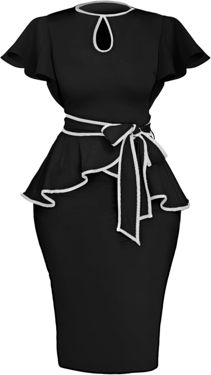 Elegantes Schößchen-Kleid für Damen, knielang, Vintage, figurbetont, geteilter Reißverschluss am Rücken
