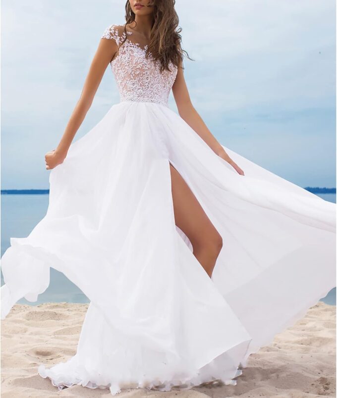 CUTTE Sommer Chiffon Hochzeitsgast Kleid Spitze Boho Brautkleider für Frauen Abend Ballkleider Maxi Schlitz Brautjungfernkleid Kleider mit Schlitz – Bild 3