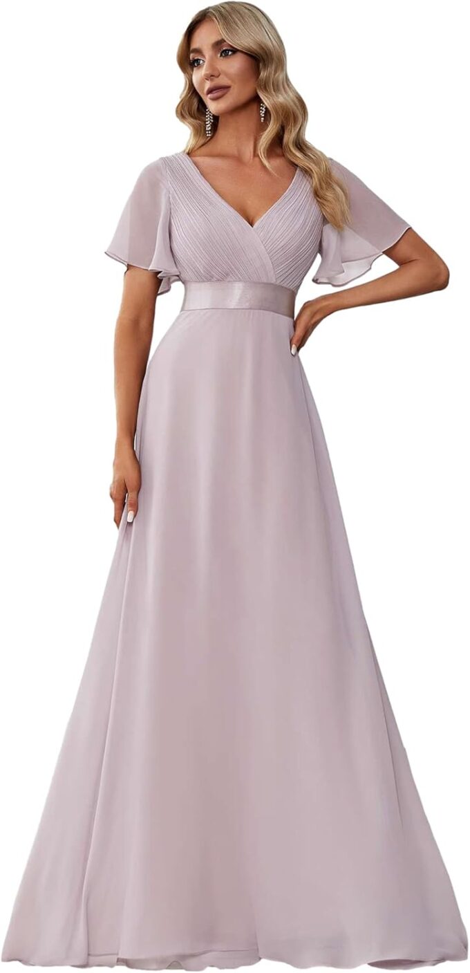 Ever-Pretty Damen Abendkleid Brautjungfer A-Linie Chiffon V Ausschnitt Bodenlang EP09890