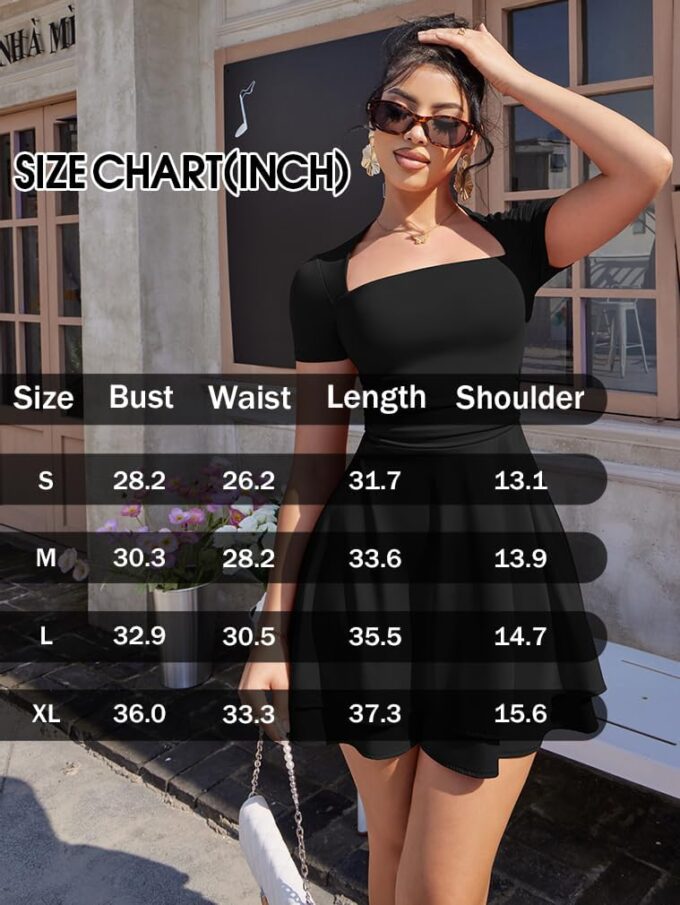 XXTAXN Women's Sexy Square Neck Short Sleeve Ruched Tiered Ruffle Hem Flowy Club Party Mini Dress – Bild 2